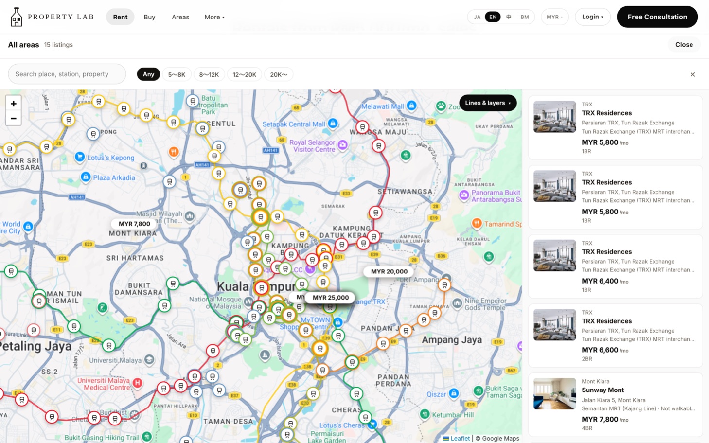 Property Lab — map search with price data over Kuala Lumpur